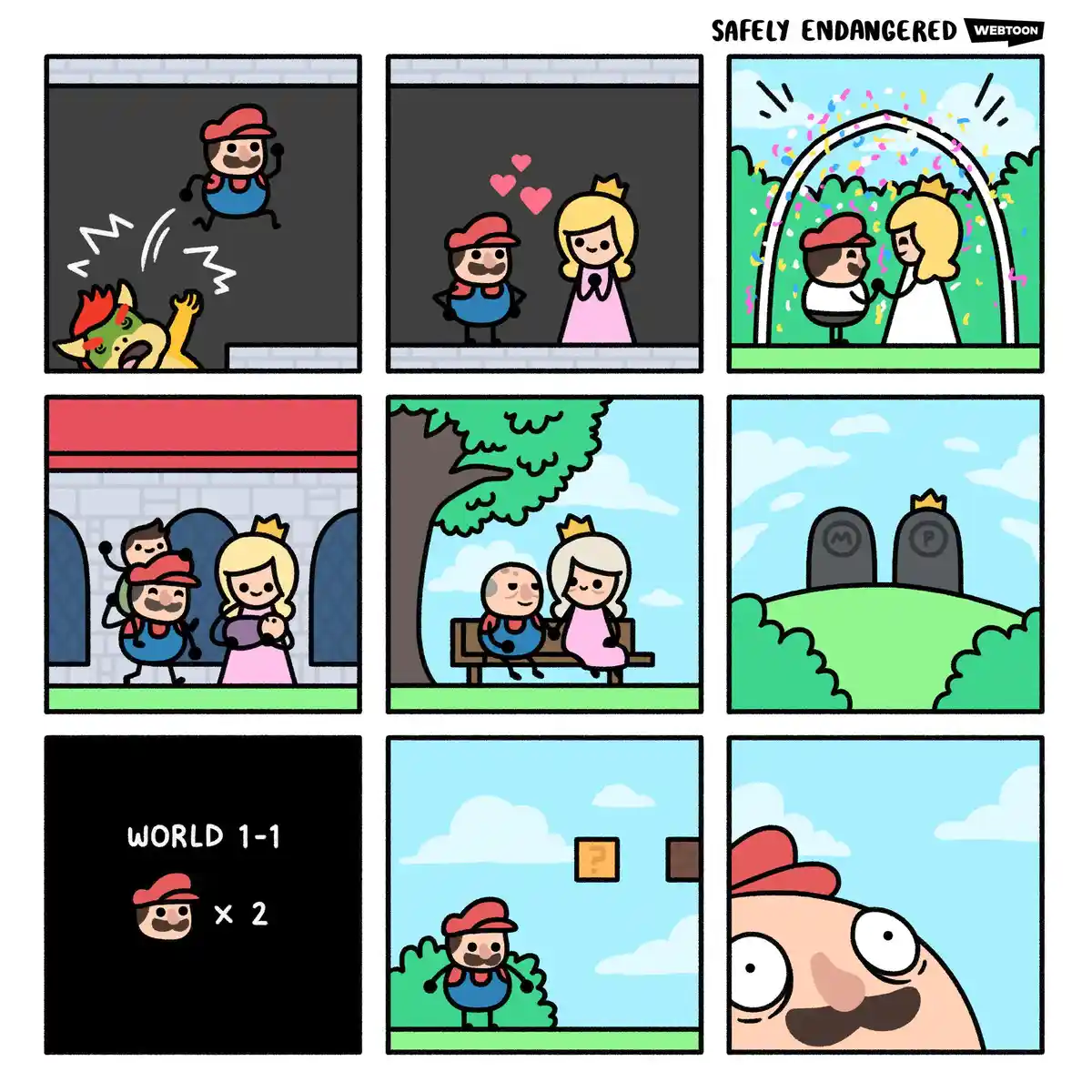 A nine-panel comic strip from 'Safely Endangered' by Webtoon shows Mario and Princess Peach's life journey: starting with a…