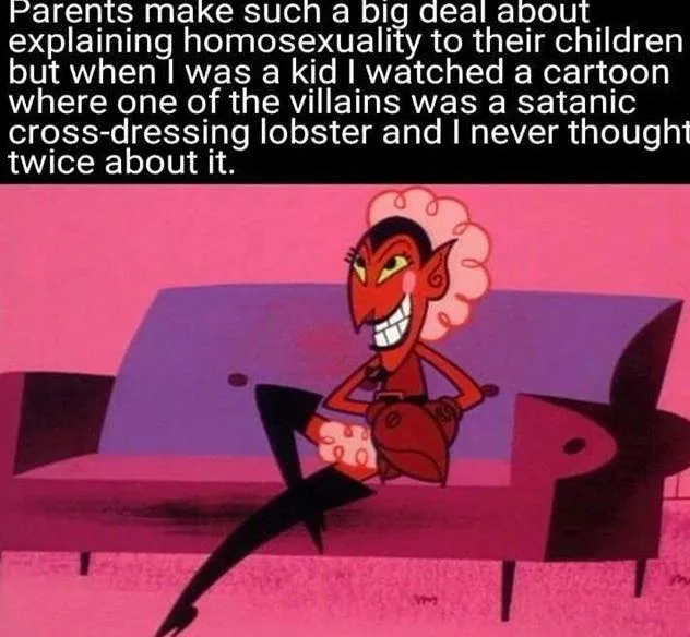 A cartoon image of a red-skinned, devil-like character with horns and a large pink wig, sitting on a purple couch with a…