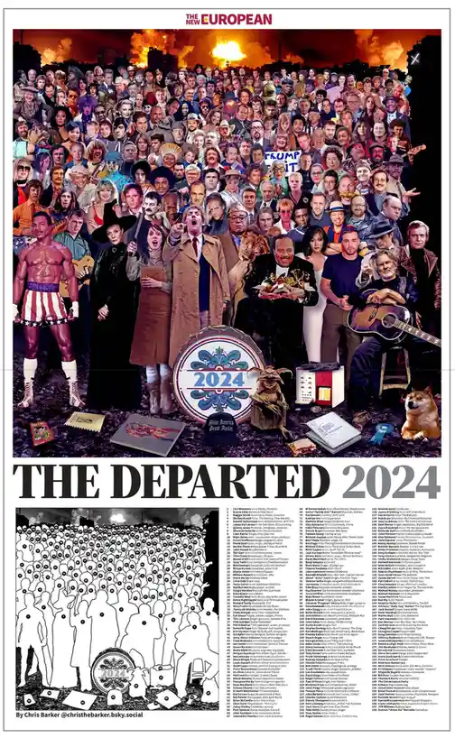 A satirical 'obituary' collage titled 'THE DEPARTED 2024' features a massive crowd of celebrities and public figures…