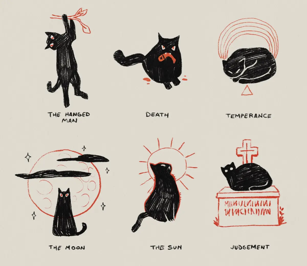 Six illustrated black cats, each depicted in a pose mimicking a tarot card: one hanging by a ribbon, one with a bloody…