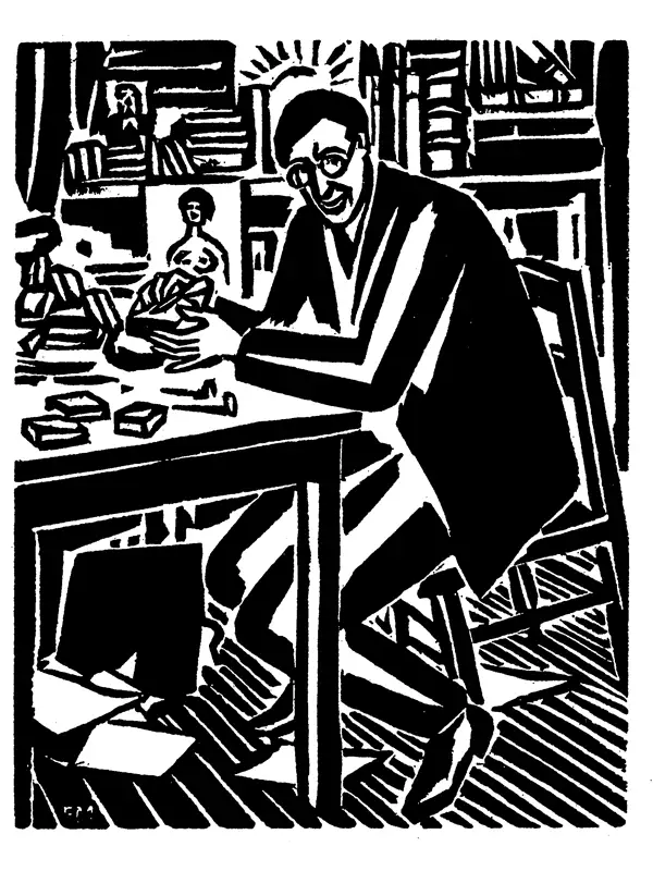 A black-and-white woodcut-style illustration shows a smiling man with glasses sitting at a cluttered desk surrounded by…