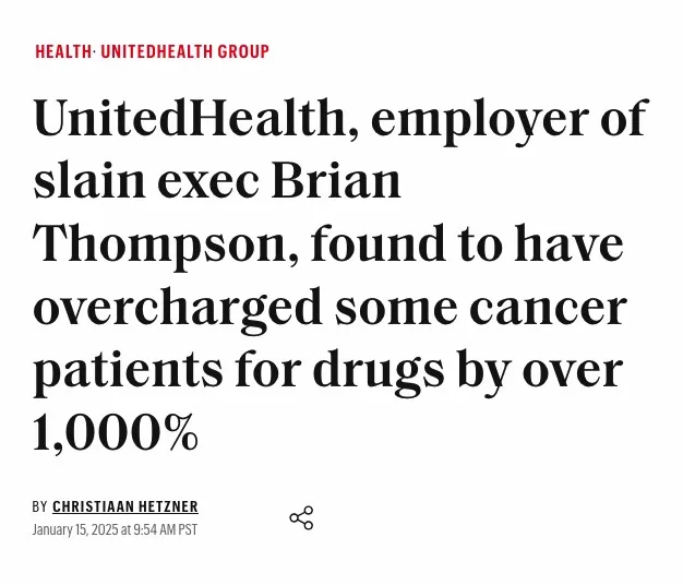 A screenshot of a news article headline from UnitedHealth Group, which reads 'UnitedHealth, employer of slain exec Brian…