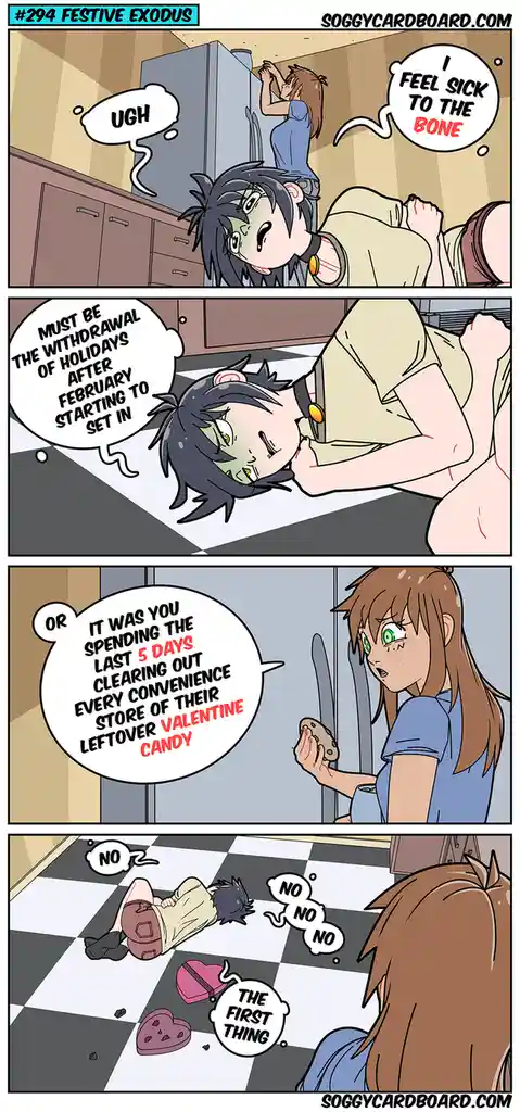 A four-panel comic shows a sick-looking character lying on a checkered floor, blaming their illness on post-holiday…