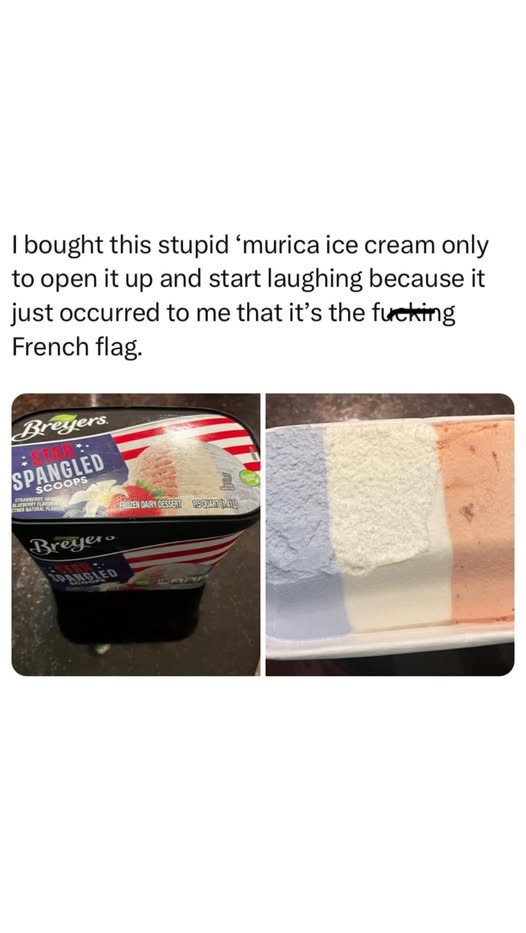 The image shows a split view: on the left, a Breyers 'Star Spangled Scoops' ice cream tub with red, white, and blue stripes…