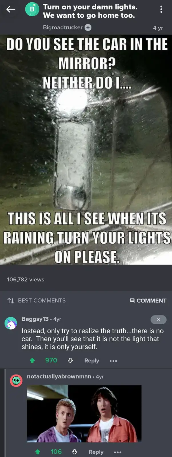 A nighttime photo from inside a car shows a rain-splattered rearview mirror reflecting a bright headlight, with overlaid…