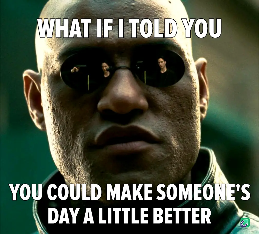 A close-up of Morpheus from The Matrix, wearing his iconic sunglasses, with two figures reflected in the lenses. White bold…