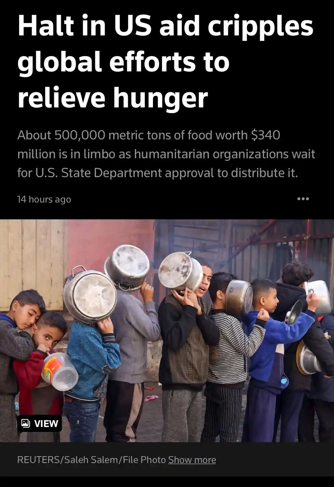 A news article headline overlays a photo of several young boys in a line, each balancing a large metal pot on their head…