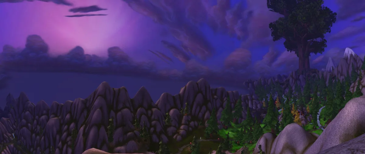 A screenshot from the video game World of Warcraft shows a scenic fantasy landscape at dusk with purple skies, mountains…