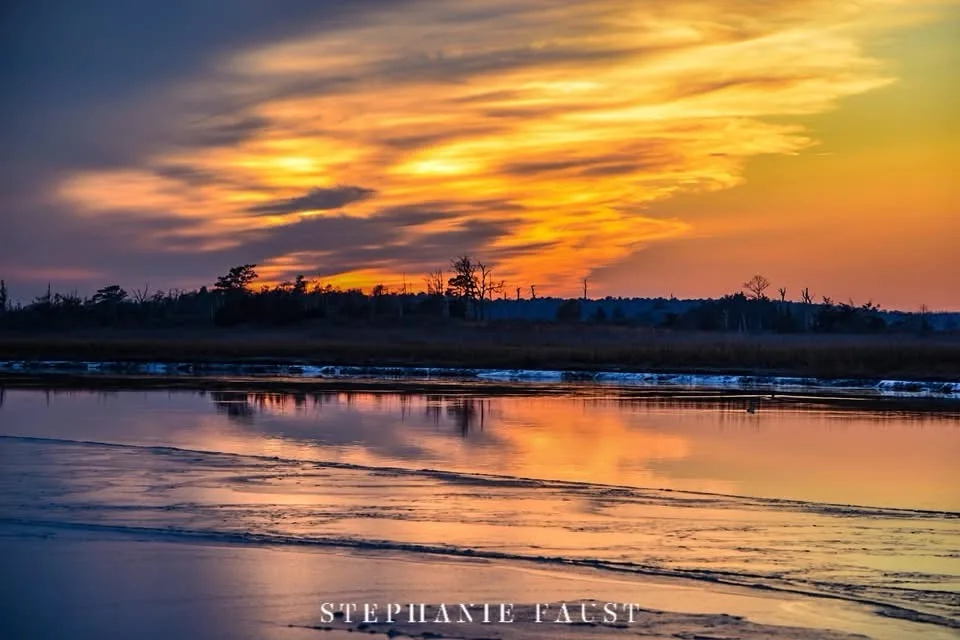 A serene sunset photograph shows vibrant orange and yellow clouds reflected in calm water, with silhouetted trees and…