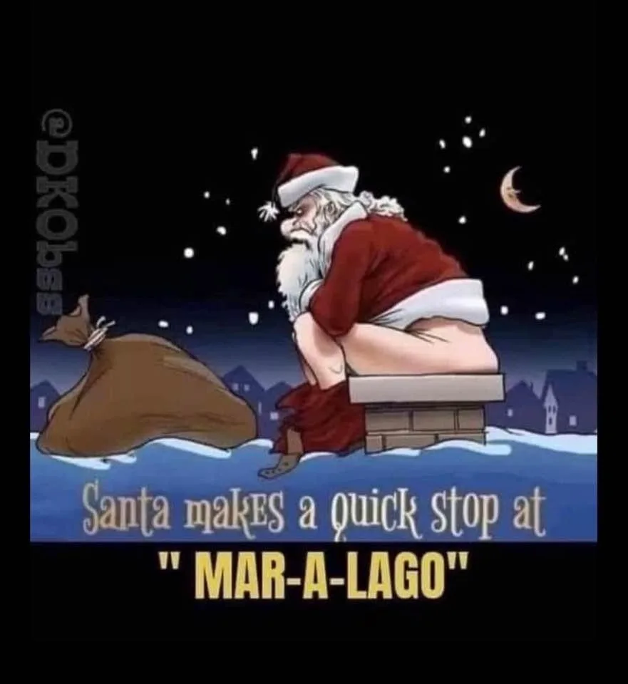 Santa Claus is depicted squatting on a chimney at night, with a large sack beside him, against a backdrop of a snowy…