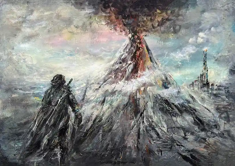 A dark, painterly image shows a cloaked figure standing before a snow-capped, erupting volcano. In the distance, a city with…