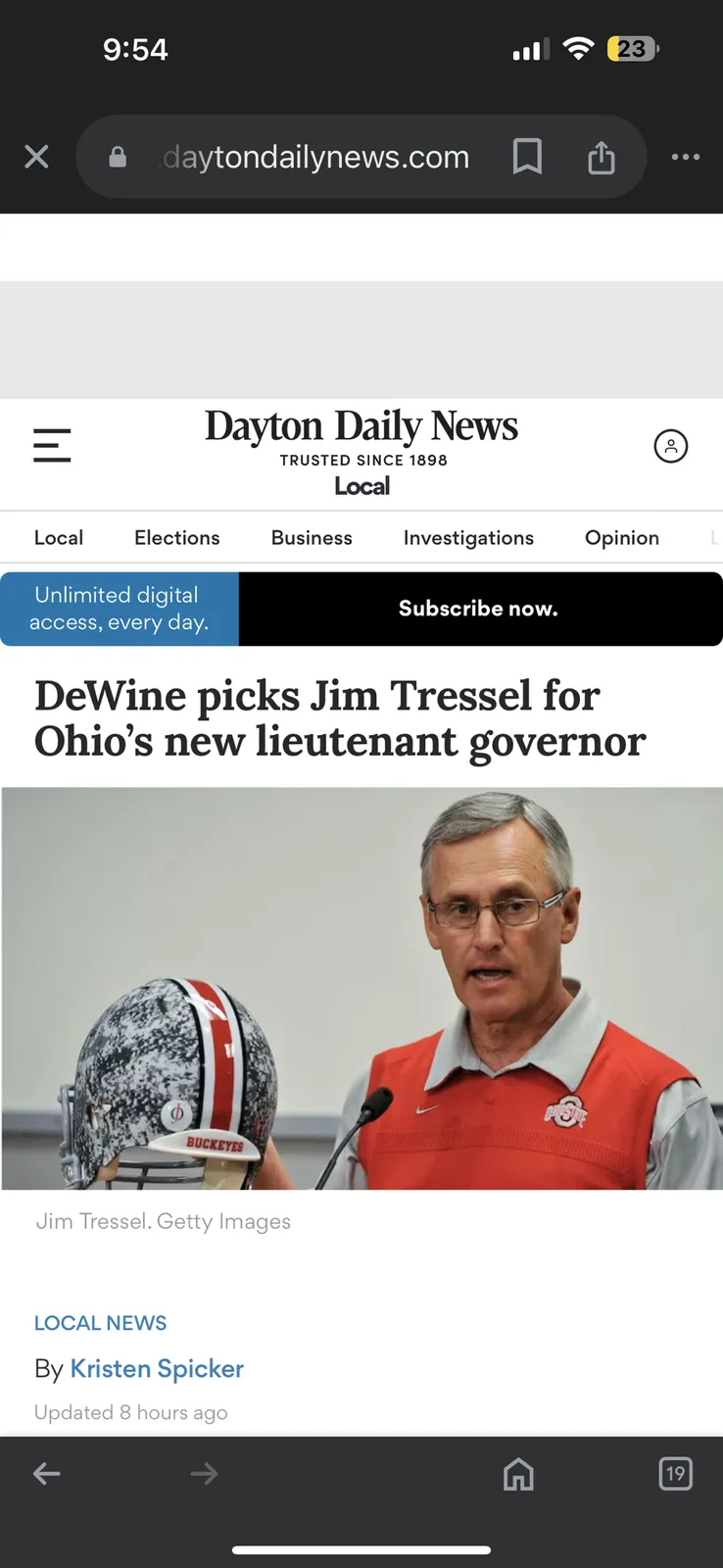 A screenshot of a Dayton Daily News article headline showing Jim Tressel, a former Ohio State football coach, holding a…