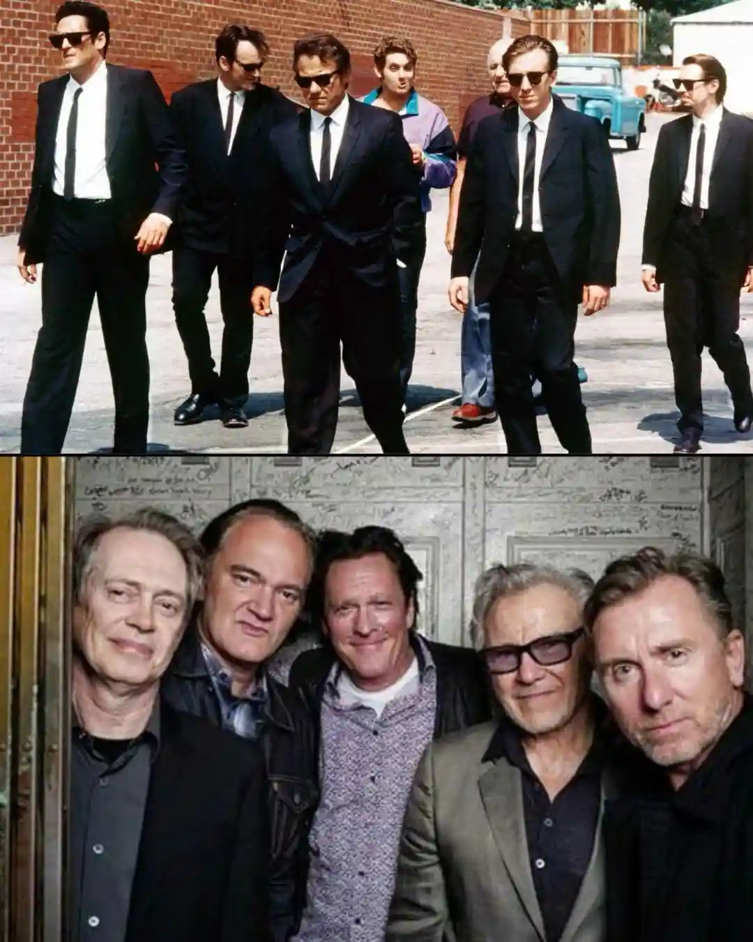 The top half shows the cast of 'The Godfather' walking in a line, dressed in dark suits and sunglasses, with a brick wall…