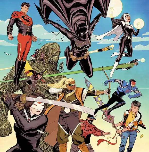 A comic book illustration features a large group of superheroes and villains, including Batman, Supergirl, and others, posed…