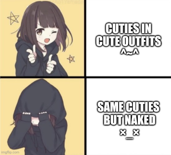 The image is a four-panel meme featuring an anime-style girl. Top-left: she's smiling and pointing at the viewer while…