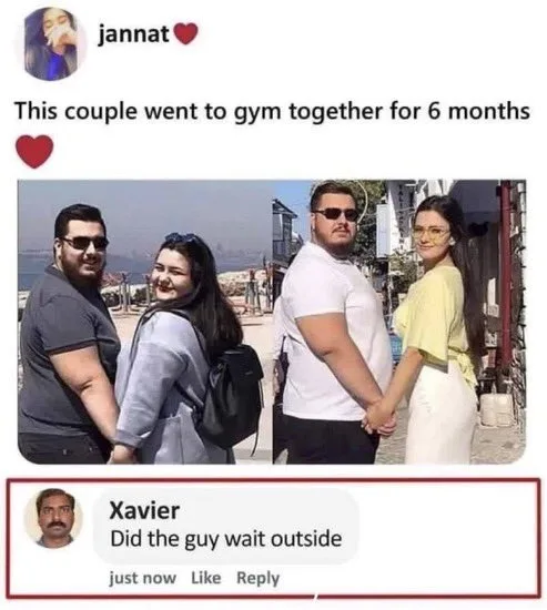 A social media post shows a couple standing together outdoors, holding hands, with a caption stating they went to the gym…
