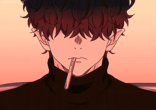 The image shows three panels of an anime-style man with dark hair and a black turtleneck, holding a cigarette. In the top…