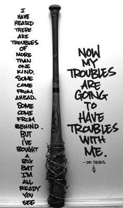 A black-and-white image of a baseball bat wrapped in barbed wire, with handwritten text on either side. The left side reads…