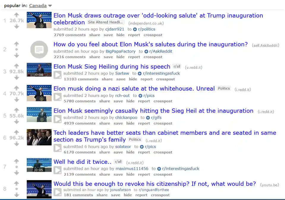 A screenshot of a Reddit page showing a list of trending posts about Elon Musk allegedly making a Nazi salute at a political…