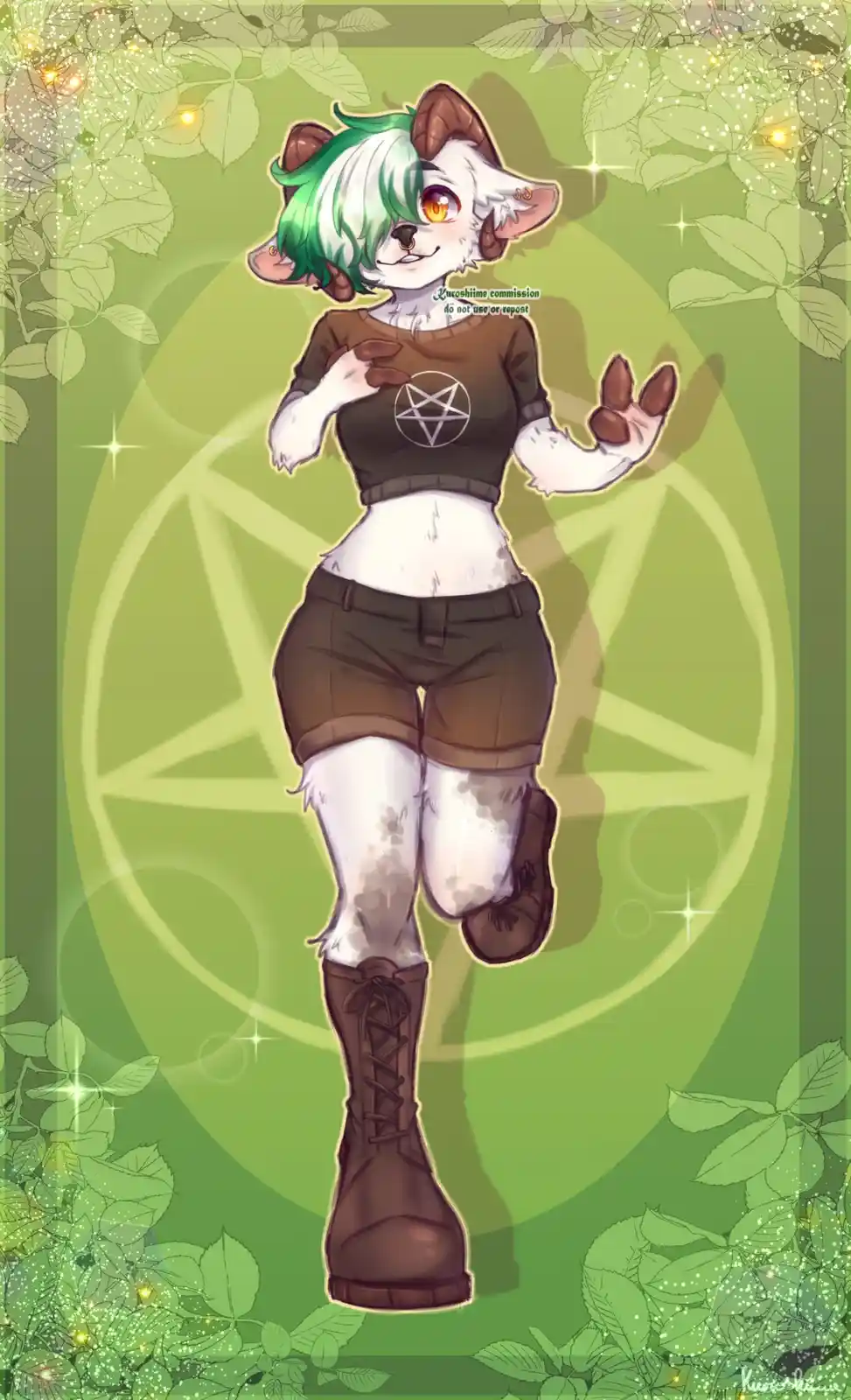 An anime-style anthropomorphic goat girl with green and white hair and brown horns wears a brown crop top with a pentagram…