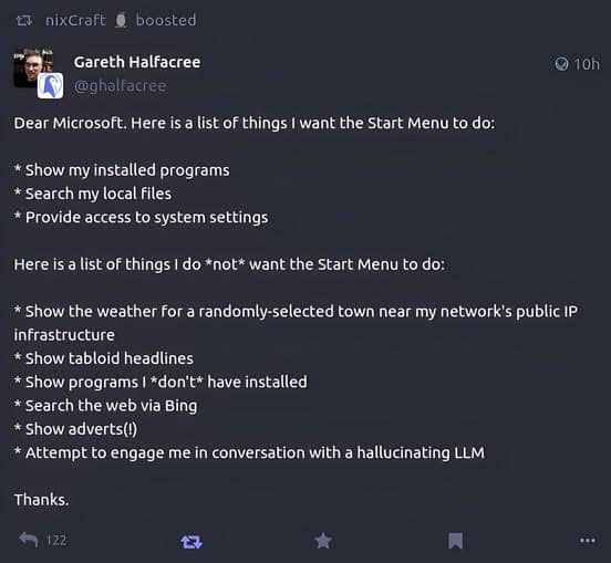 A screenshot of a tweet by Gareth Halfacree listing desired and undesired features for the Windows Start Menu, including…