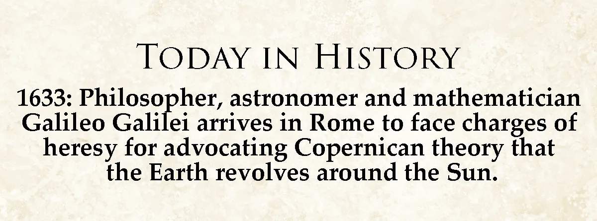 The image displays a beige parchment-style background with black serif text. The header reads 'TODAY IN HISTORY', followed…