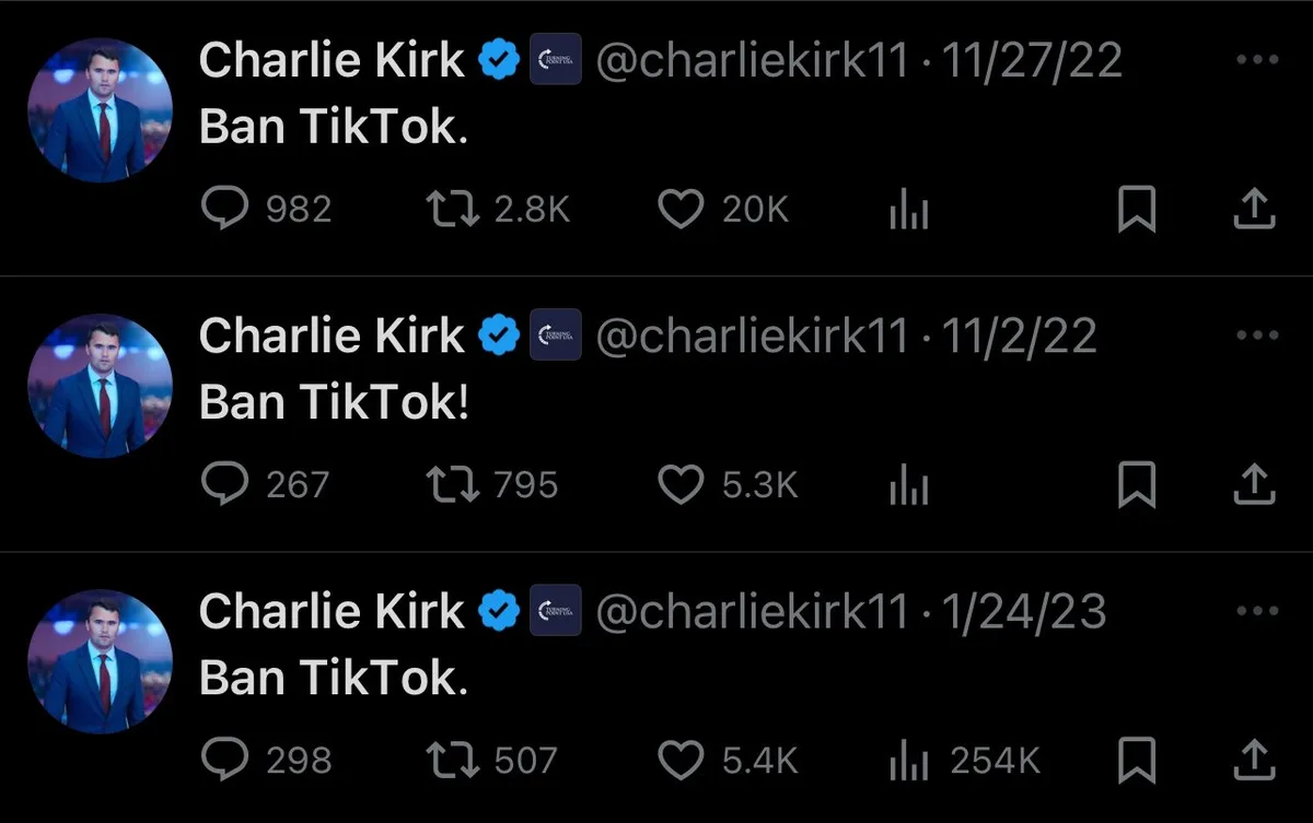 Three Twitter posts from verified user Charlie Kirk, each with the same text 'Ban TikTok.' or 'Ban TikTok!' and different…