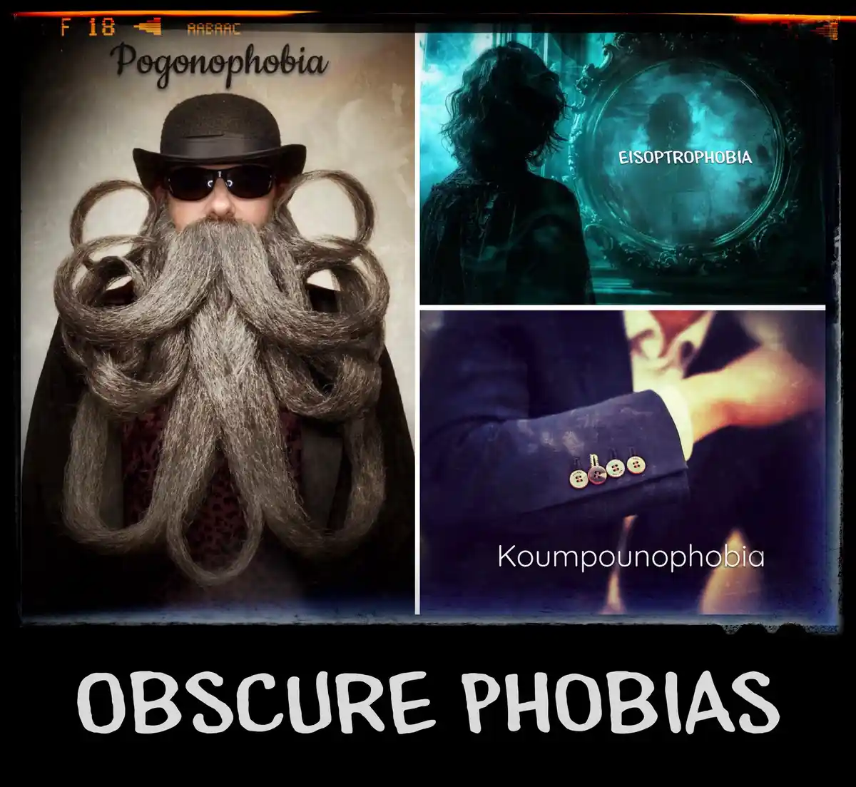 A collage of three images showcasing obscure phobias: a man with an exaggerated, tangled beard labeled 'Pogonophobia,' a…