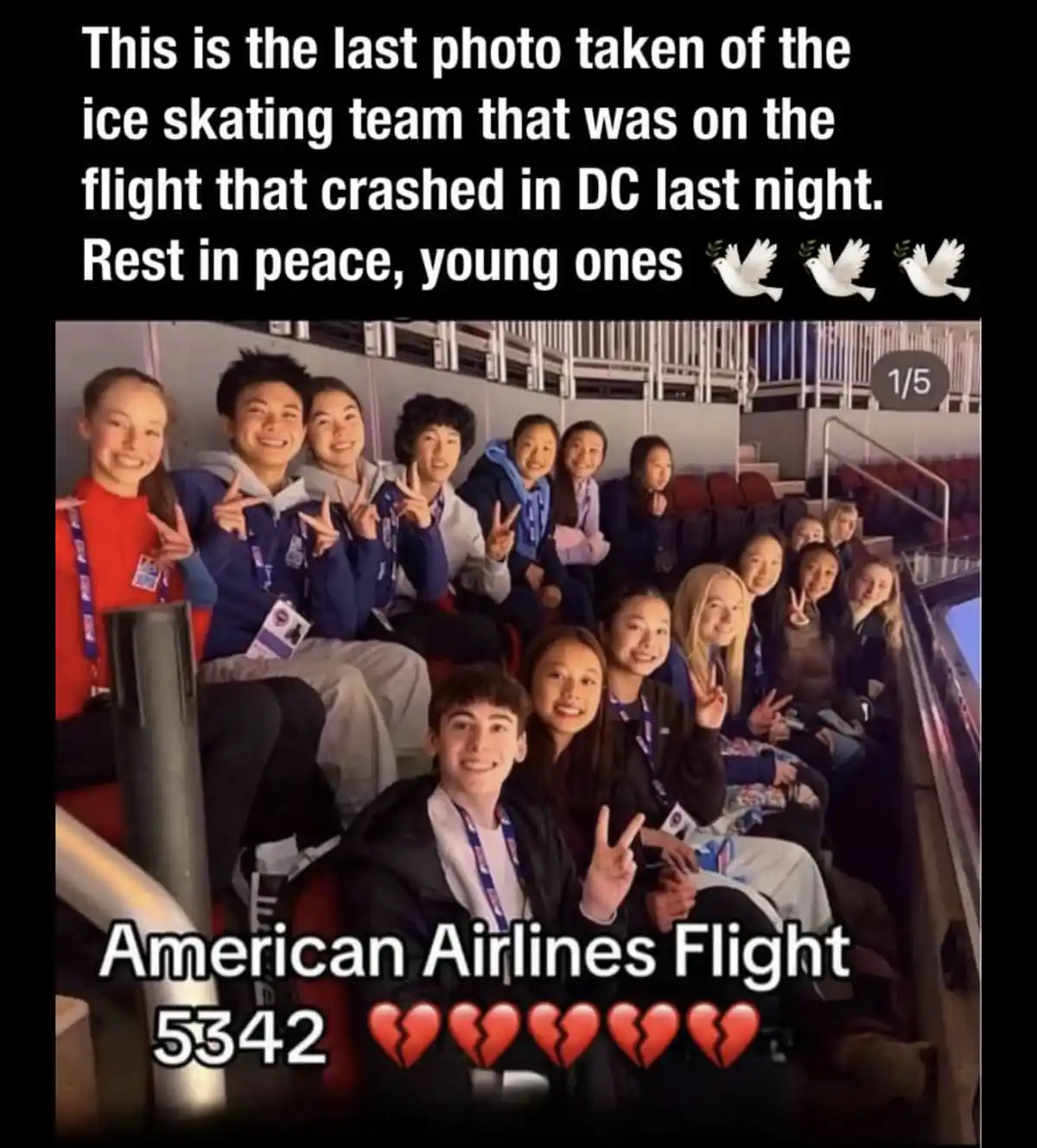 A group photo of smiling young ice skaters posing with peace signs in stadium seating, overlaid with text claiming it's the…
