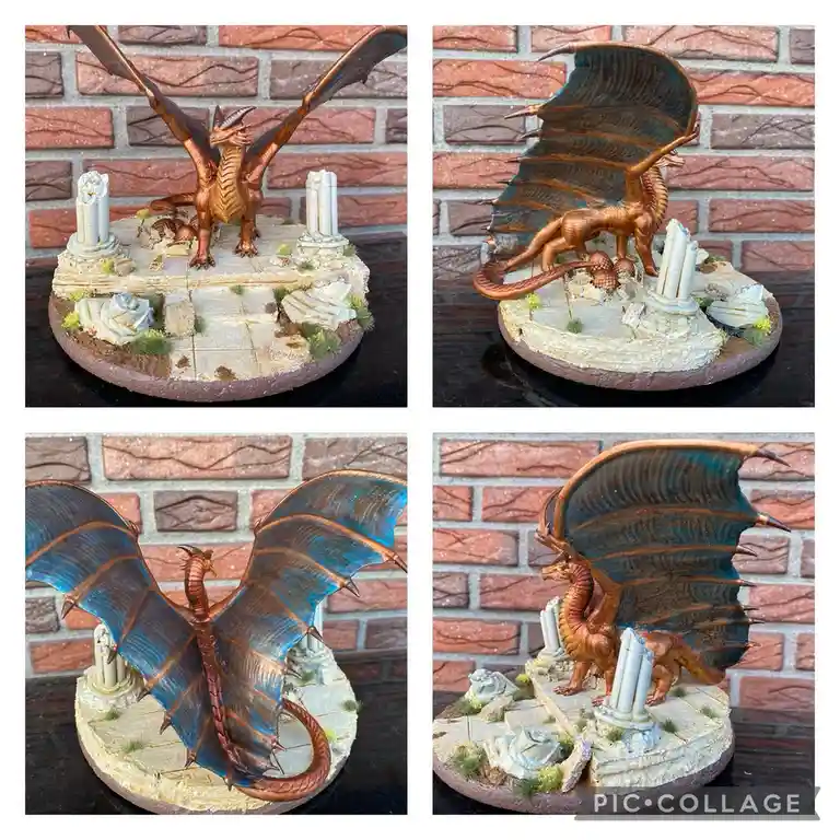 A four-panel collage shows a detailed miniature dragon statue with copper-colored body and blue-tinted wings, standing on a…