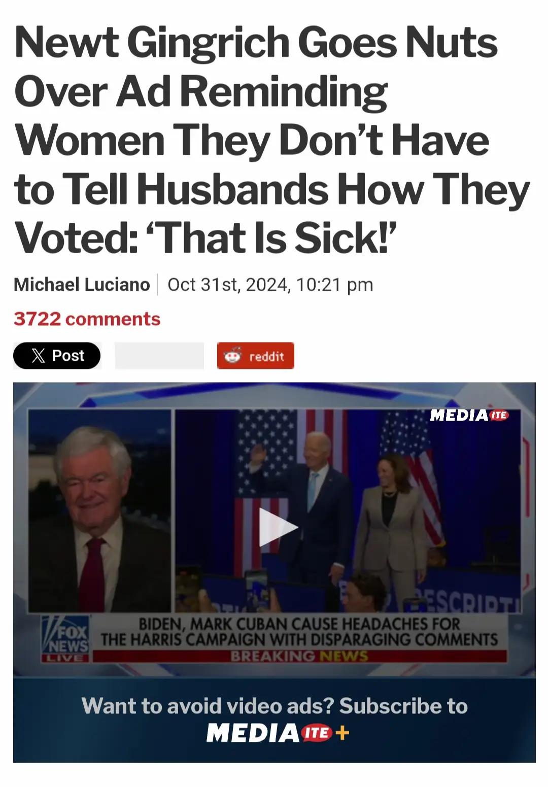 A screenshot of a Mediaite article headline about Newt Gingrich's reaction to an ad. The image shows a split screen: on the…