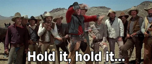 A six-panel meme from the 1969 Western film 'The Wild Bunch' shows a group of cowboys in a desert landscape. The central…