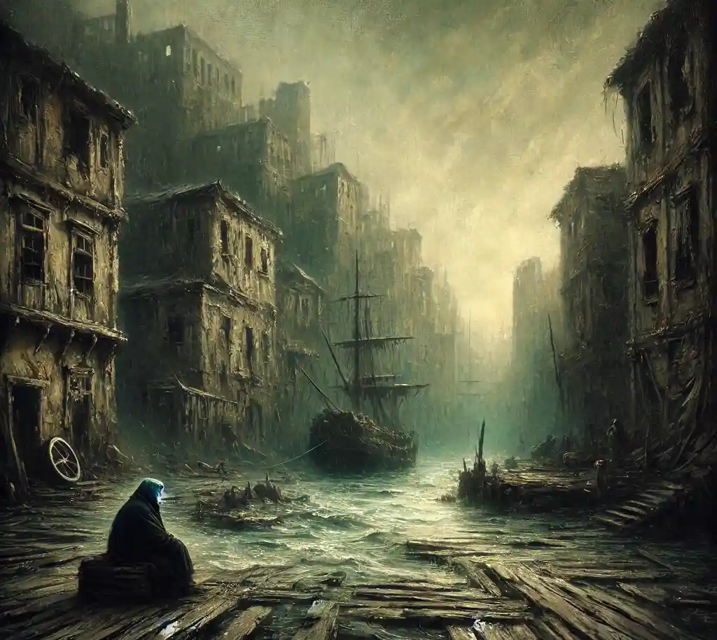 A dark, atmospheric painting depicts a lone hooded figure sitting on a wooden pier in a flooded, ruined cityscape with…