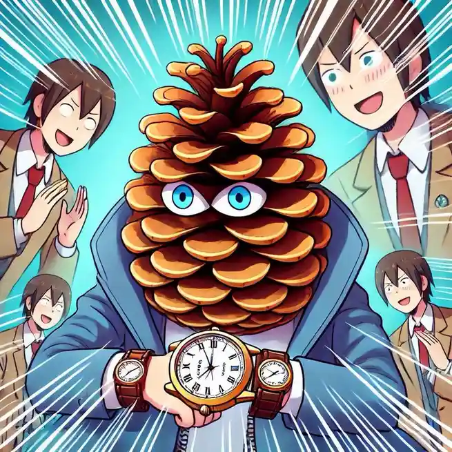 An anime-style image shows a large pinecone with blue eyes wearing a blue suit and holding a large ornate watch. Surrounding…