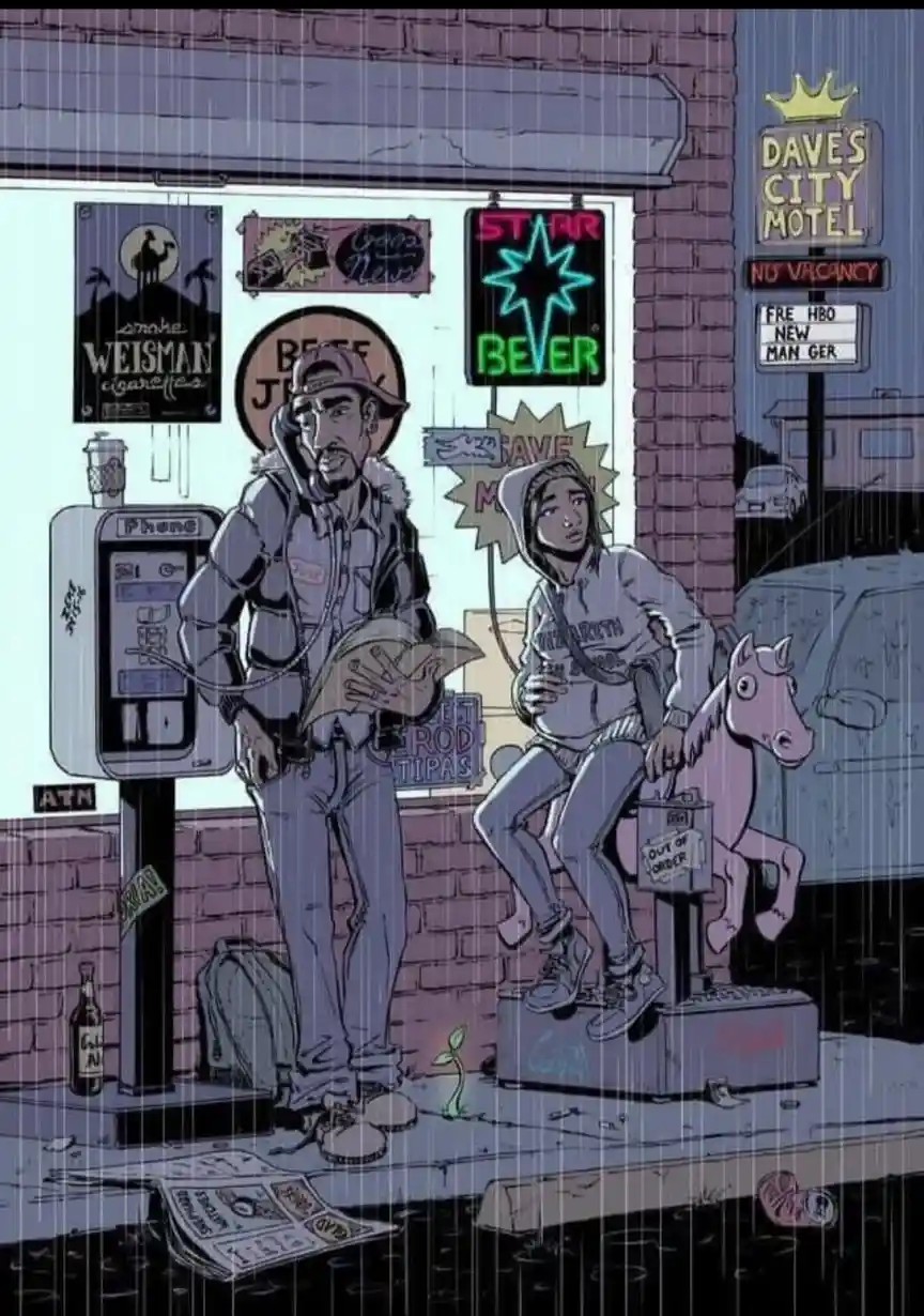 A cartoon illustration depicts two people in the rain outside a storefront with neon signs for 'Dave's City Motel', 'Star…