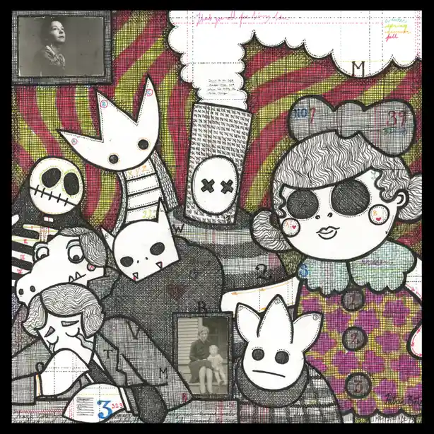 A colorful, collage-style artwork featuring cartoonish characters including a girl with sunglasses, a skeleton, and…