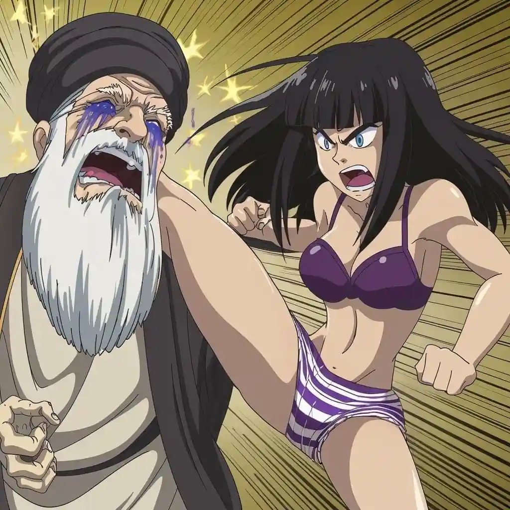 An anime-style image shows a young woman in a purple bikini delivering a powerful kick to an elderly man with a white beard…