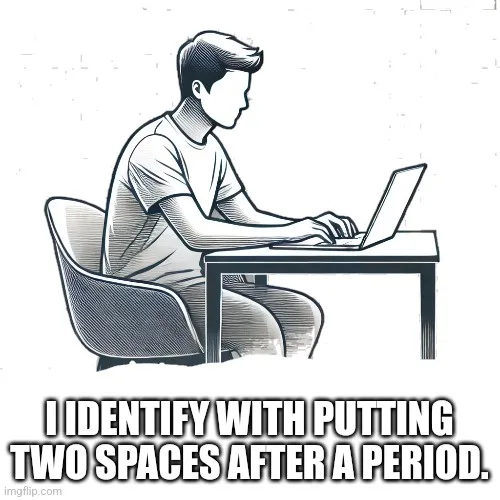 A black-and-white line drawing shows a person sitting at a desk, typing on a laptop. The text overlaid at the bottom reads…