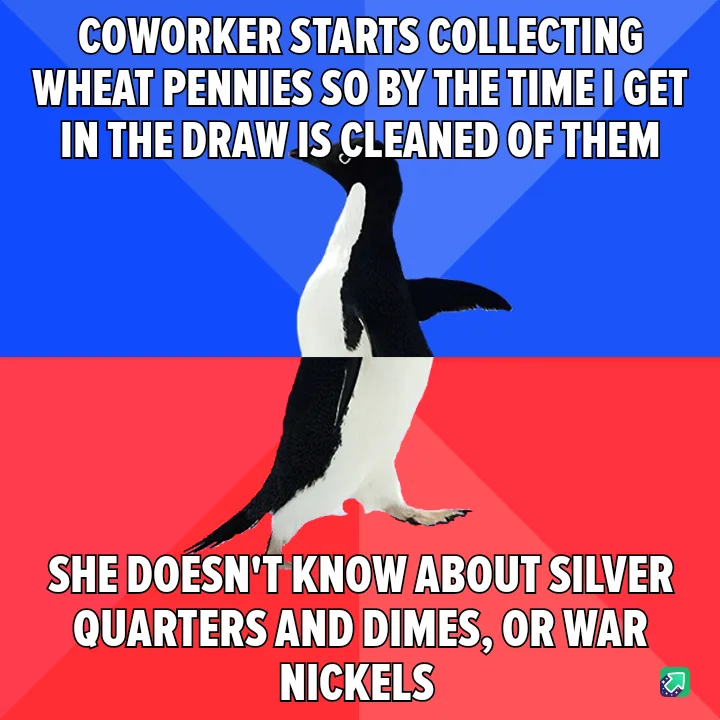 A penguin stands in the center of the image, split by a horizontal line, with a blue background above and a red background…