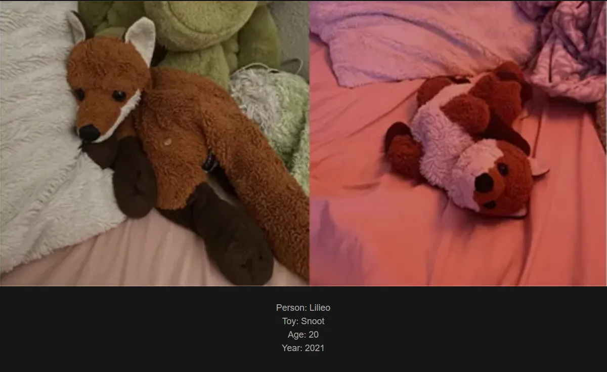 The image shows two side-by-side photos of a brown plush fox toy named 'Snoot' lying on beds. The left photo shows the toy…