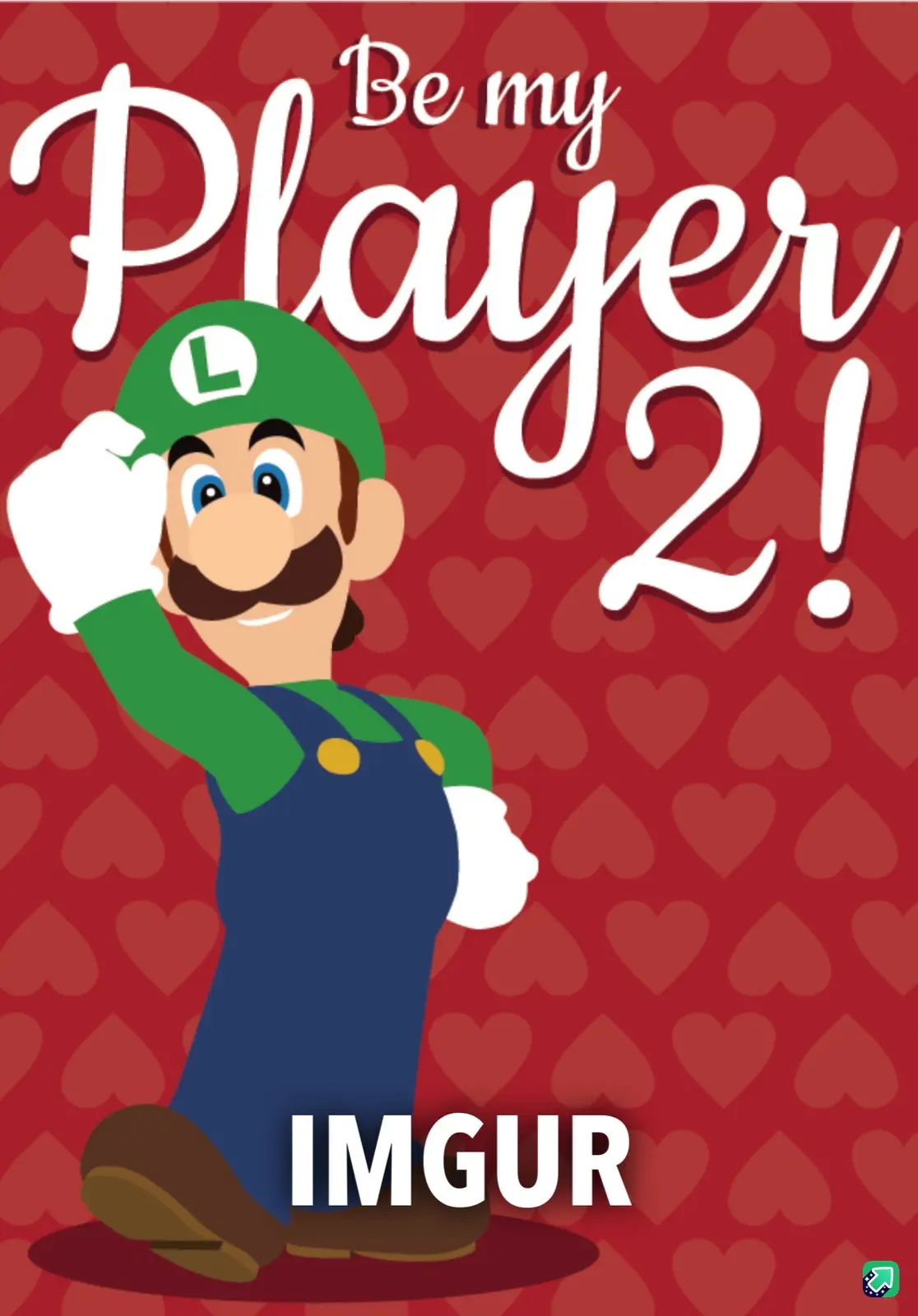 A cartoon Luigi in his green hat and blue overalls stands against a red background filled with hearts, smiling and waving…