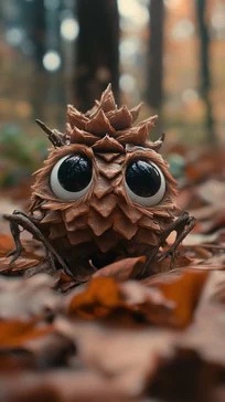 A pinecone with large, cartoonish googly eyes and twig-like limbs is positioned in a forest floor covered in autumn leaves…