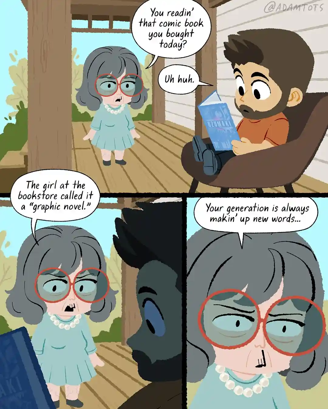 A four-panel comic shows an older woman confronting a young man reading a 'Uzumaki' comic book. She questions him about the…
