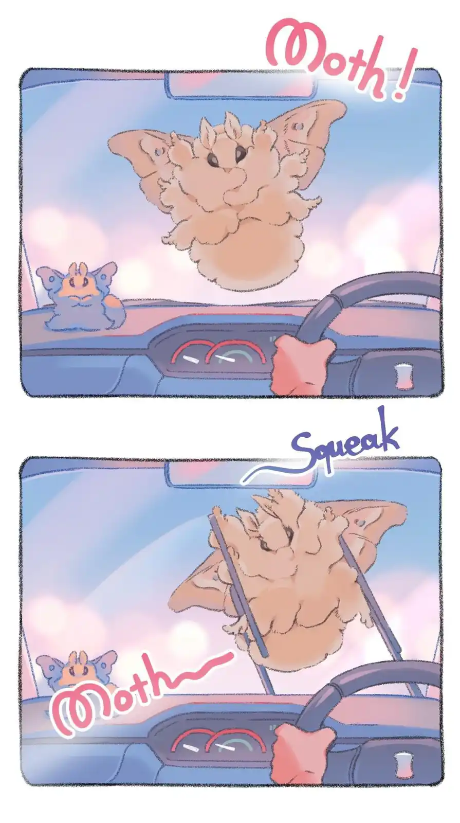 Two panels show a fluffy, cartoon moth flying toward a car windshield. In the top panel, the driver exclaims 'Moth!' as the…