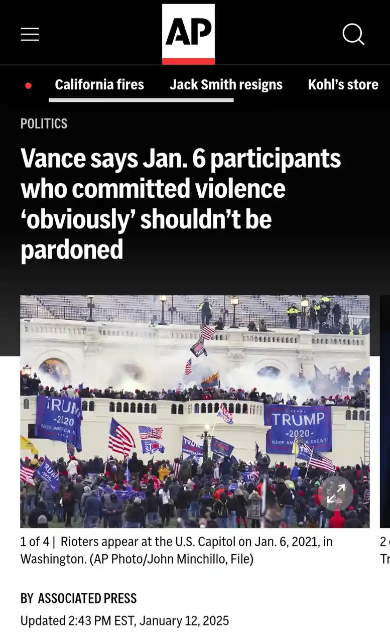A screenshot of an Associated Press news article about a political statement, featuring a photo of the January 6, 2021…