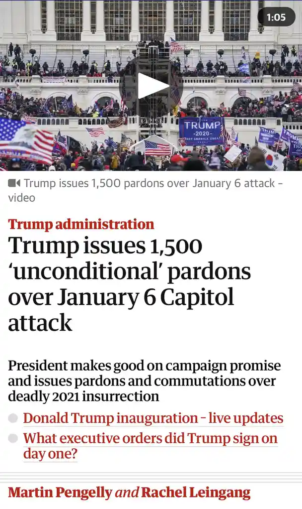 A screenshot of a news article headline about Trump issuing pardons for January 6 Capitol rioters, overlaid on a photo of…