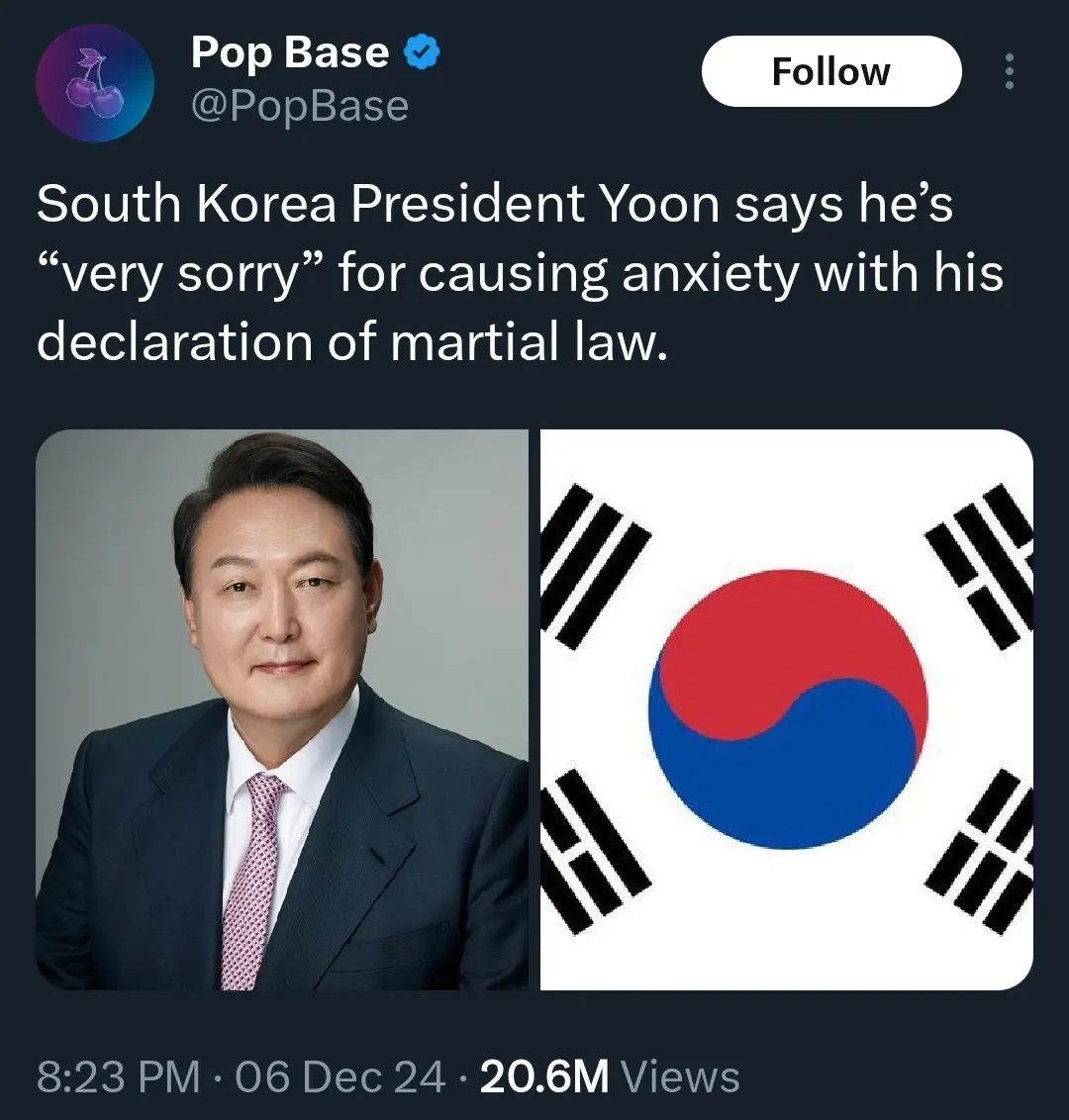 A screenshot of a tweet from Pop Base shows a photo of South Korean President Yoon Suk Yeol on the left and the South Korean…