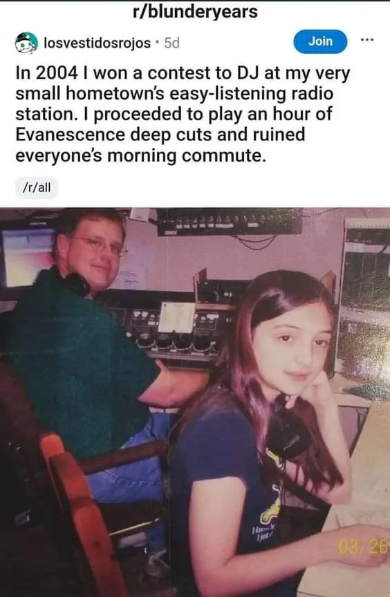 A grainy photo from 2004 shows a young girl and a man sitting in a radio station booth with audio equipment behind them. The…
