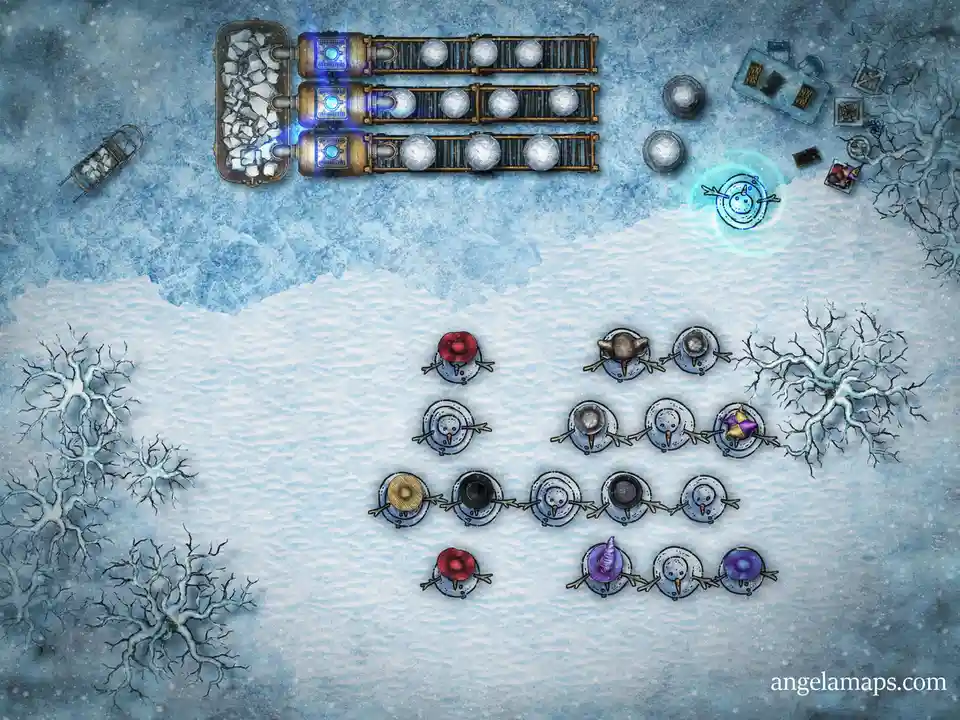 A top-down fantasy map depicts a snowy landscape with a factory-like structure on the left producing snowballs, and a group…