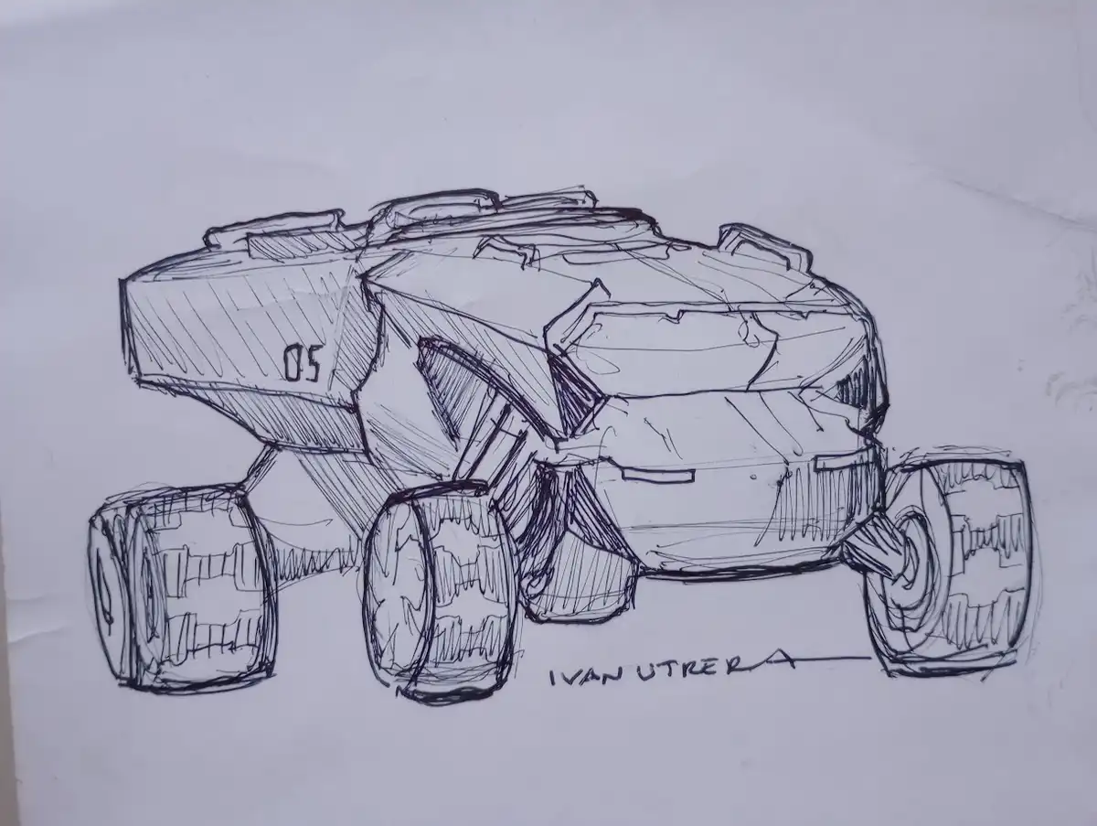 A hand-drawn black-and-white sketch of a futuristic, heavily armored, six-wheeled vehicle with the number '05' on its side…